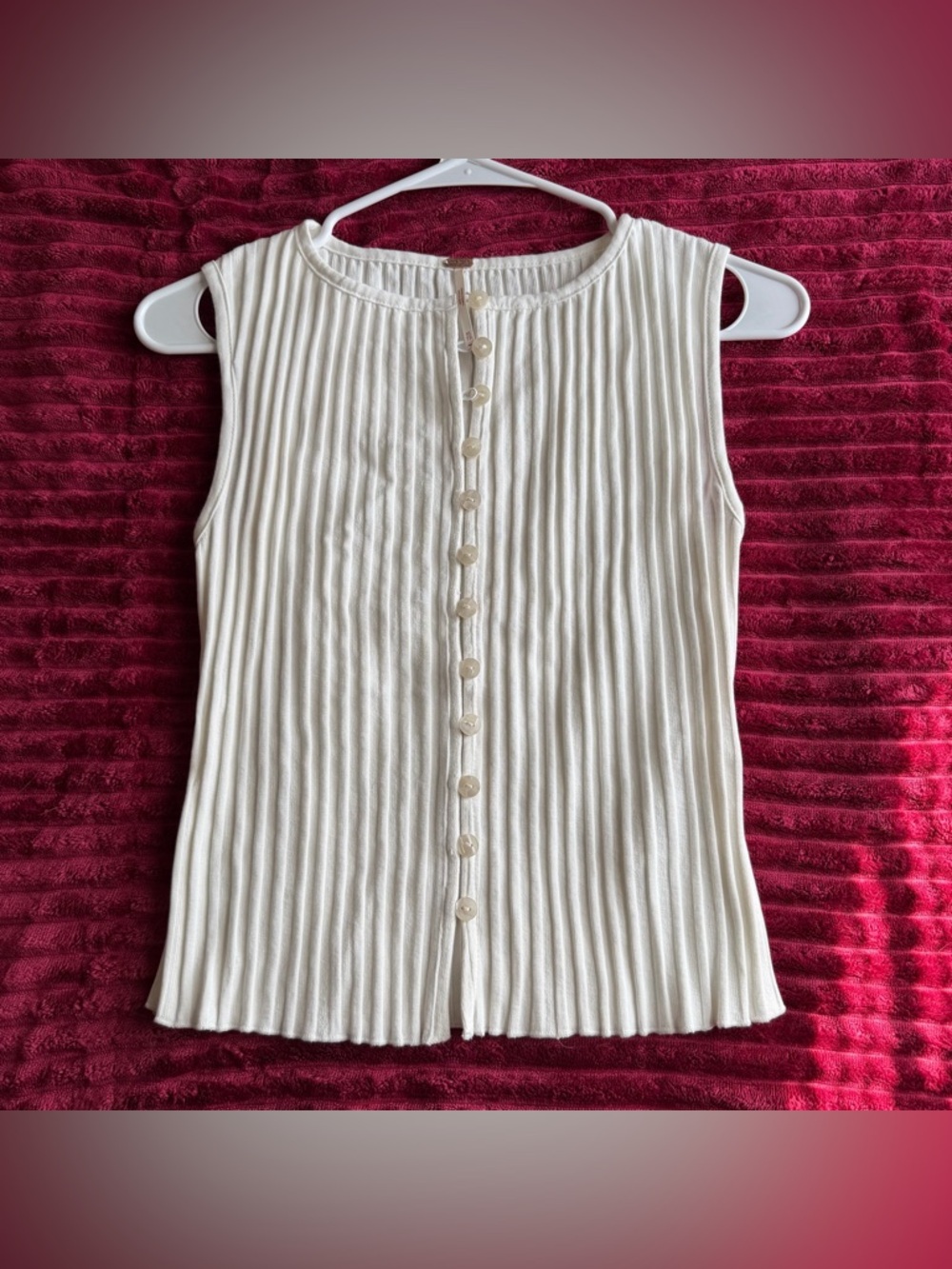 Free People Cream Ribbed Button-Front Sleeveless Tank